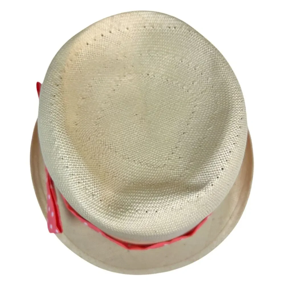 Vintage Natural Straw Fedora Hat Coral White Polka Dot Band 60s Union Made OS - Picture 5 of 9